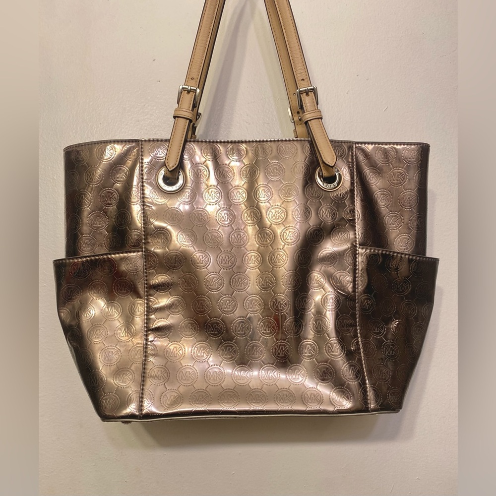 Michael Kors Bronze Metallic Logo Shoulder Purse Handbag Tote - Picture 8 of 14